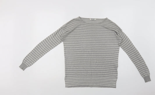 Pull & Bear Womens Grey Crew Neck Striped Acrylic Pullover Jumper Size S