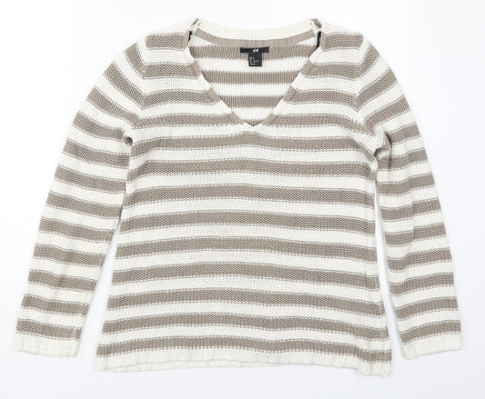 H&M Womens Beige V-Neck Striped Cotton Pullover Jumper Size S