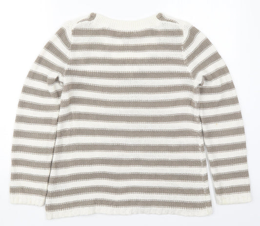 H&M Womens Beige V-Neck Striped Cotton Pullover Jumper Size S