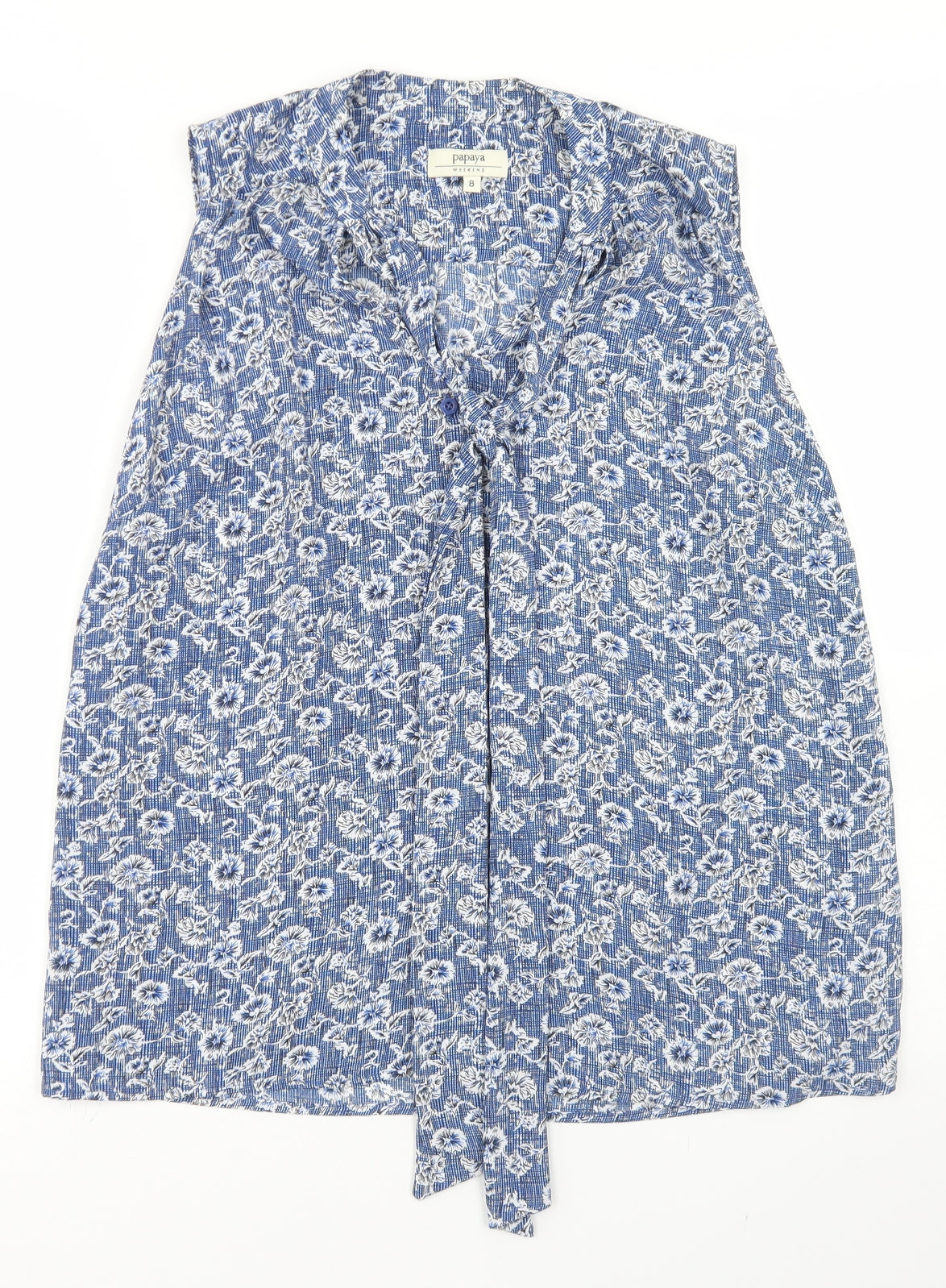 Papaya Womens Blue Floral Polyester Basic Blouse Size 8 Round Neck - Tie Neck
