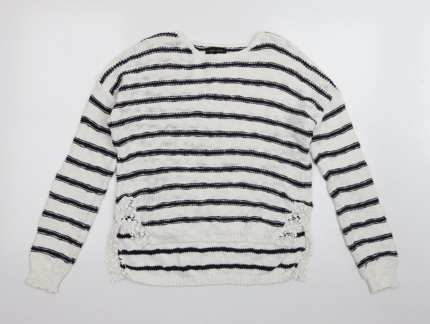 New Look Womens White Round Neck Striped Cotton Pullover Jumper Size 8