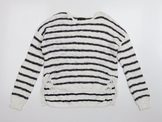 New Look Womens White Round Neck Striped Cotton Pullover Jumper Size 8
