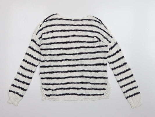 New Look Womens White Round Neck Striped Cotton Pullover Jumper Size 8