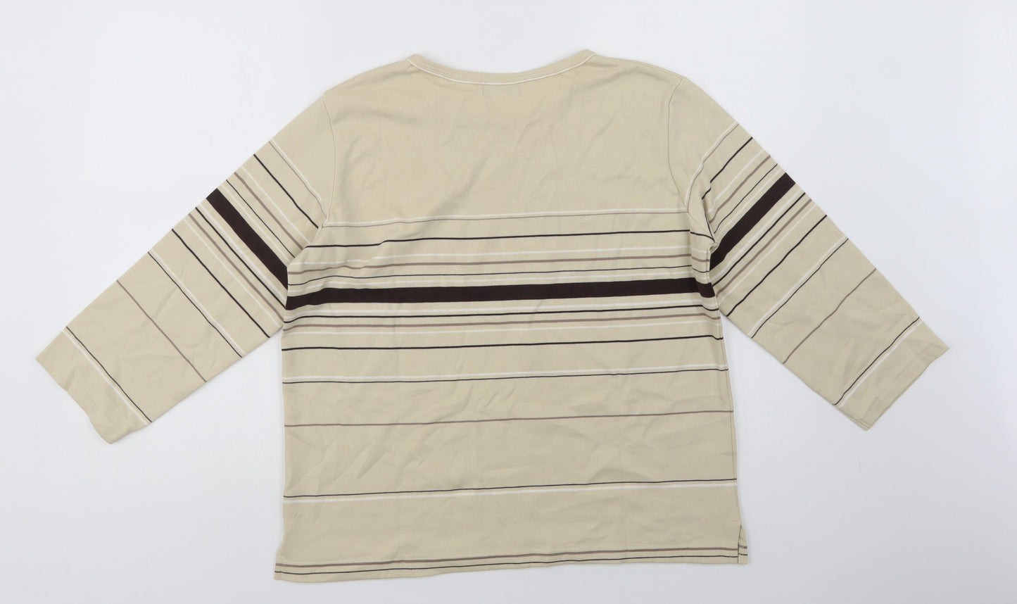 Dunnes Stores Womens Beige Striped Cotton Basic Blouse Size 10 Crew Neck