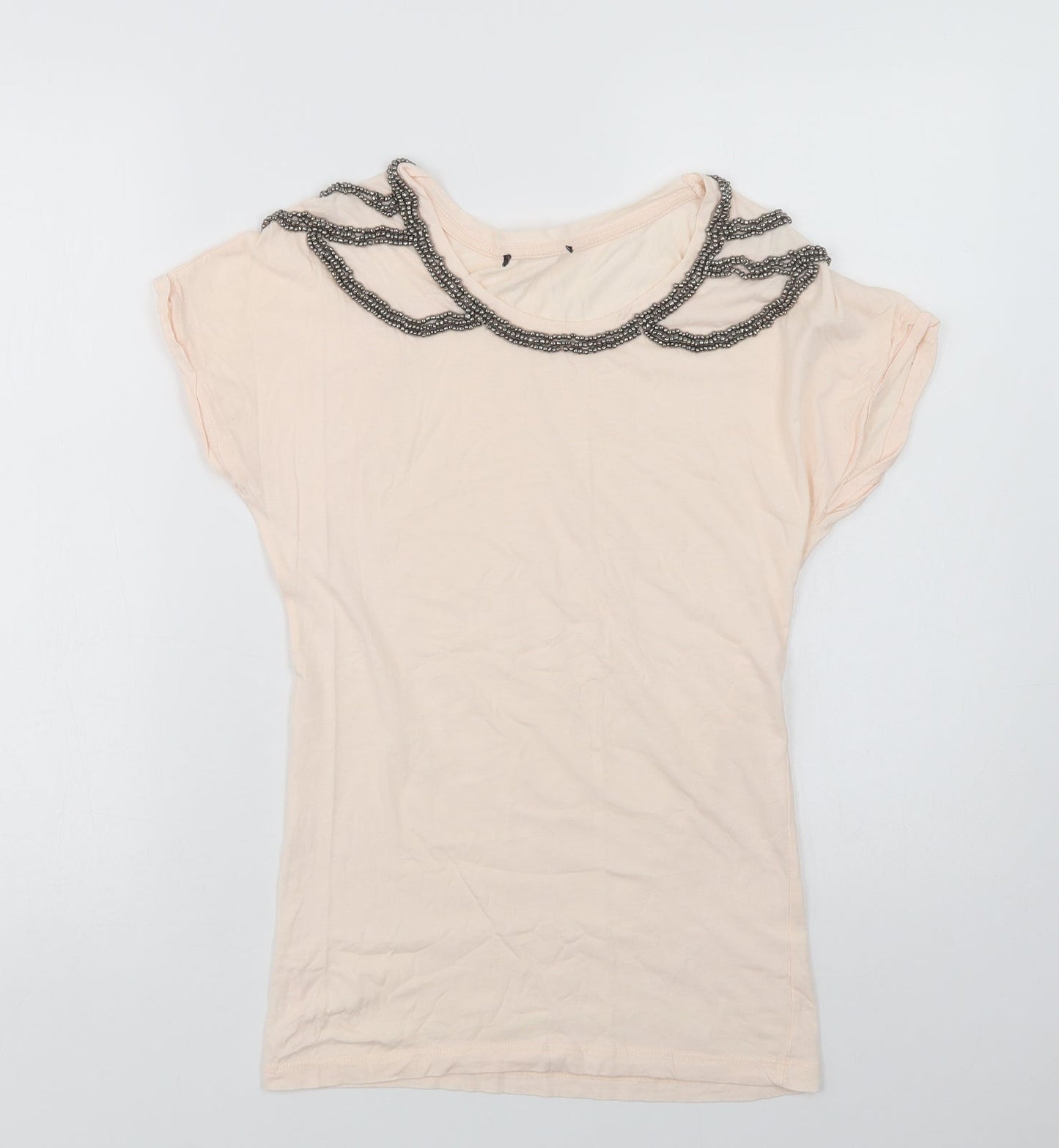Preworn Womens Pink   Basic T-Shirt Size 8 Crew Neck - Embellished Neckline