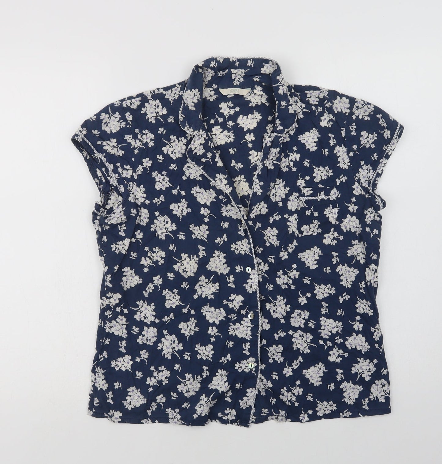 Marks and Spencer Womens Blue Floral Cotton Top Pyjama Top Size 12  Button