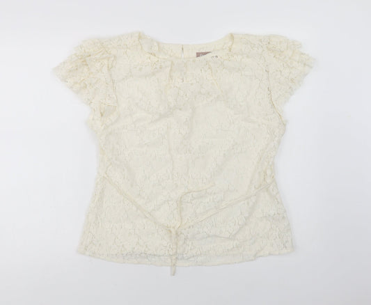 A Wear Womens Ivory  Cotton Basic Blouse Size 14 Round Neck - Lace Overlay