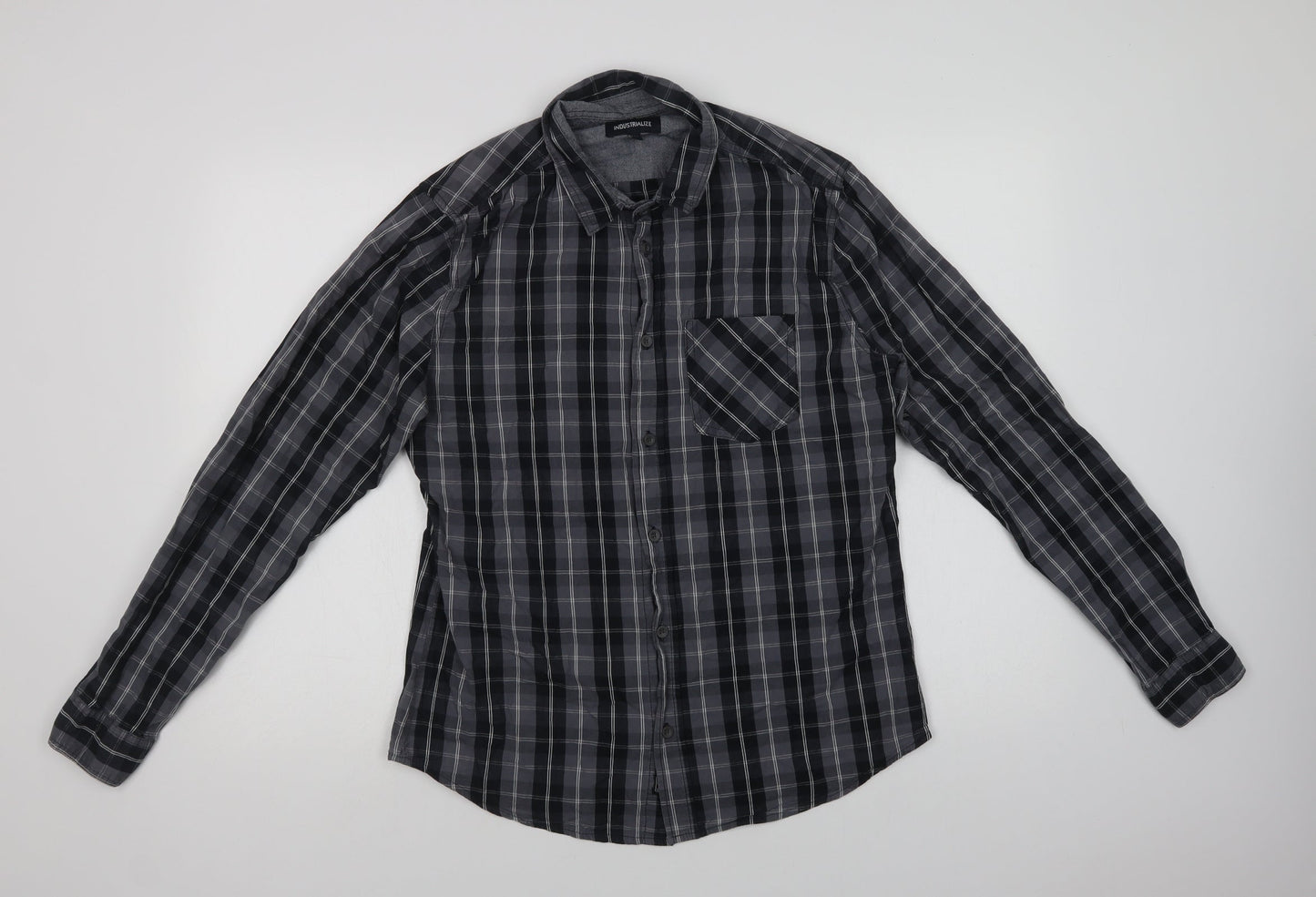 Industrialize Mens Grey Plaid Cotton  Button-Up Size M Collared Button