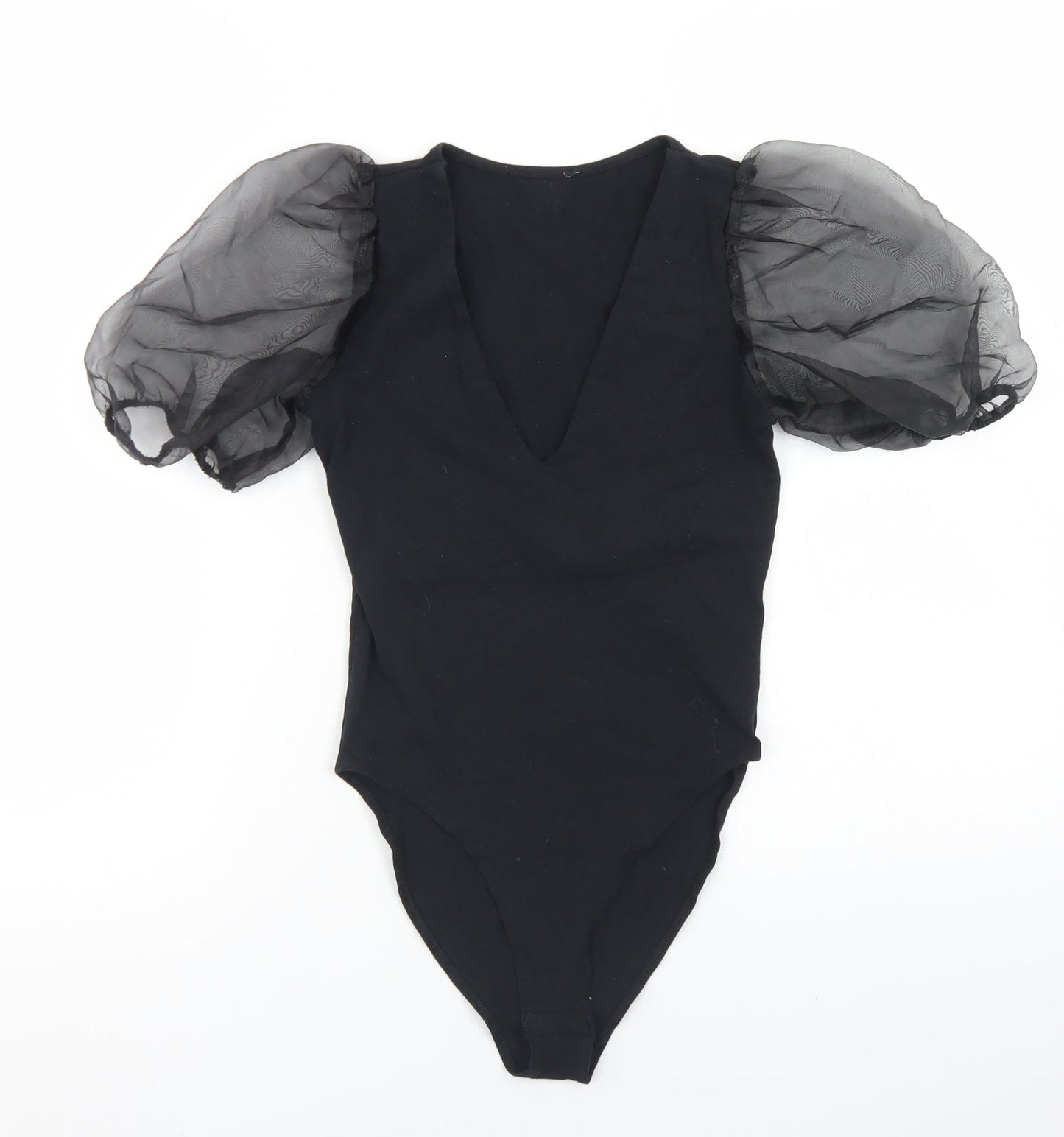 New Look Womens Black  Cotton Bodysuit One-Piece Size 6  Snap - Puff Sleeve