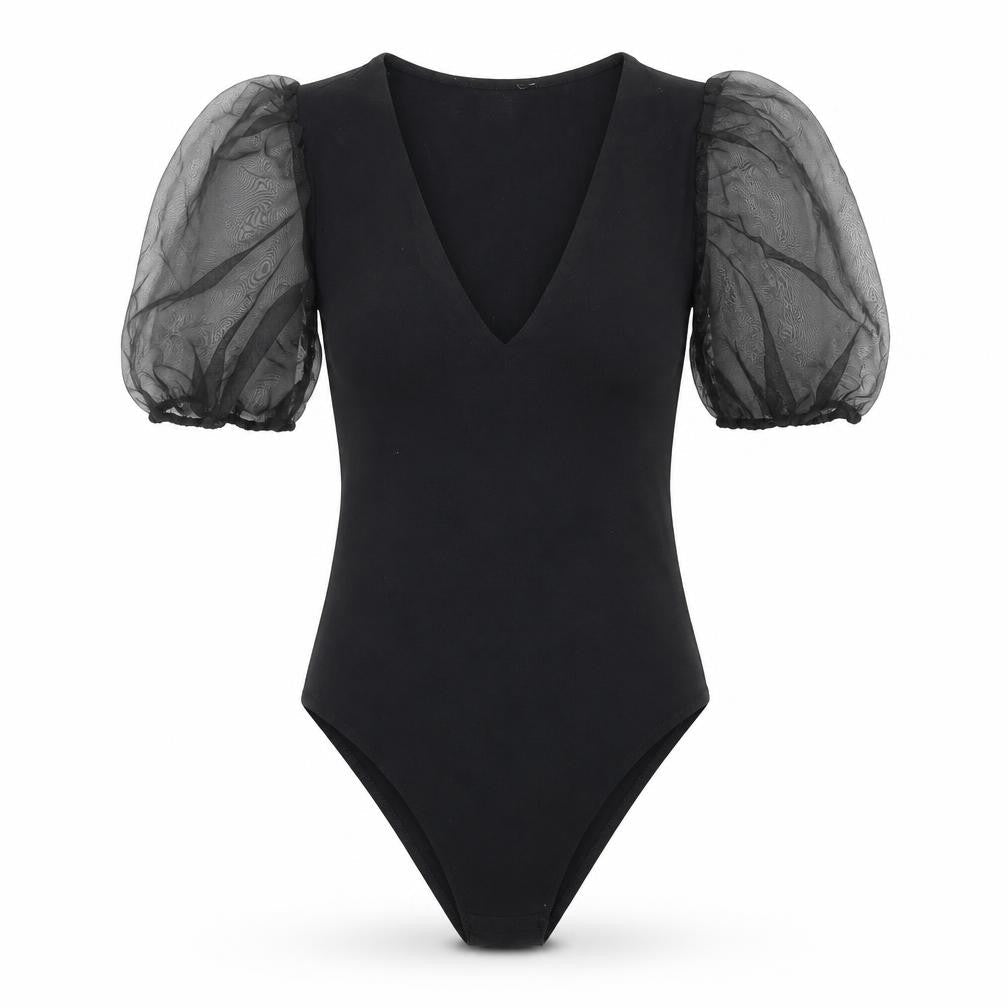 New Look Womens Black  Cotton Bodysuit One-Piece Size 6  Snap - Puff Sleeve