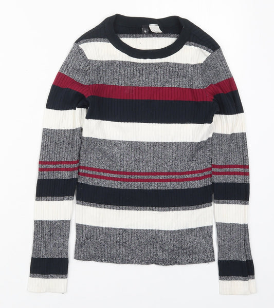 H&M Womens Grey Round Neck Striped Acrylic Pullover Jumper Size S