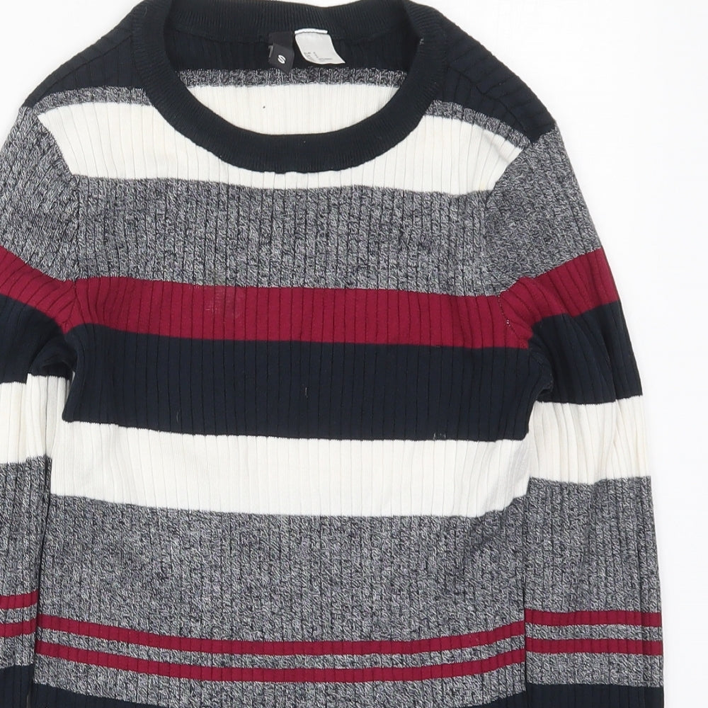 H&M Womens Grey Round Neck Striped Acrylic Pullover Jumper Size S