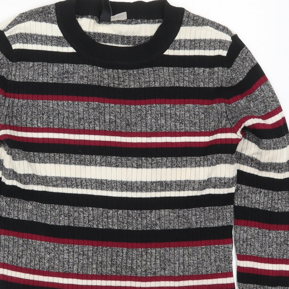 H&M Womens Grey Round Neck Striped Acrylic Pullover Jumper Size S