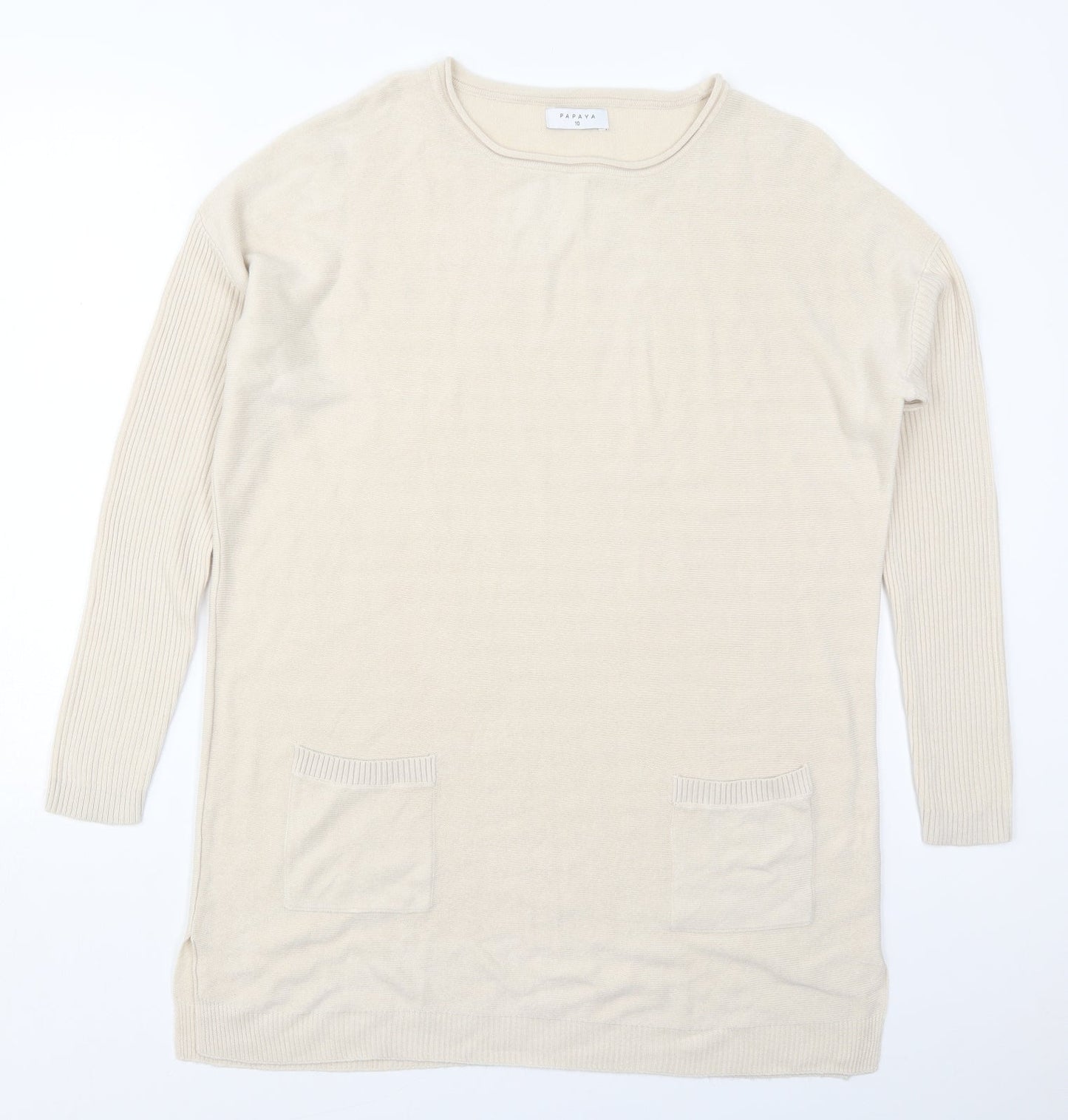 Papaya Womens Beige Round Neck  Acrylic Pullover Jumper Size 10