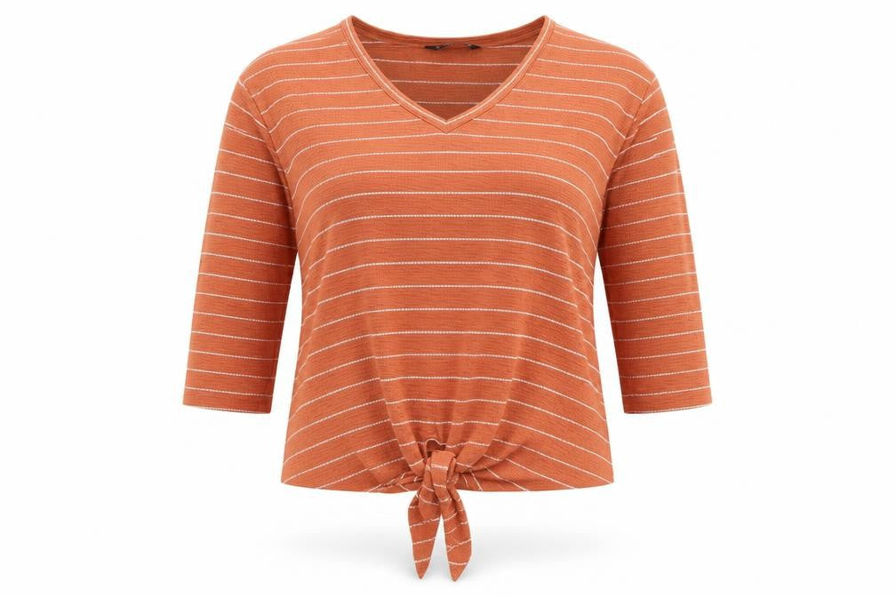 Dunnes Womens Orange Striped Polyester Jersey Blouse Size M V-Neck