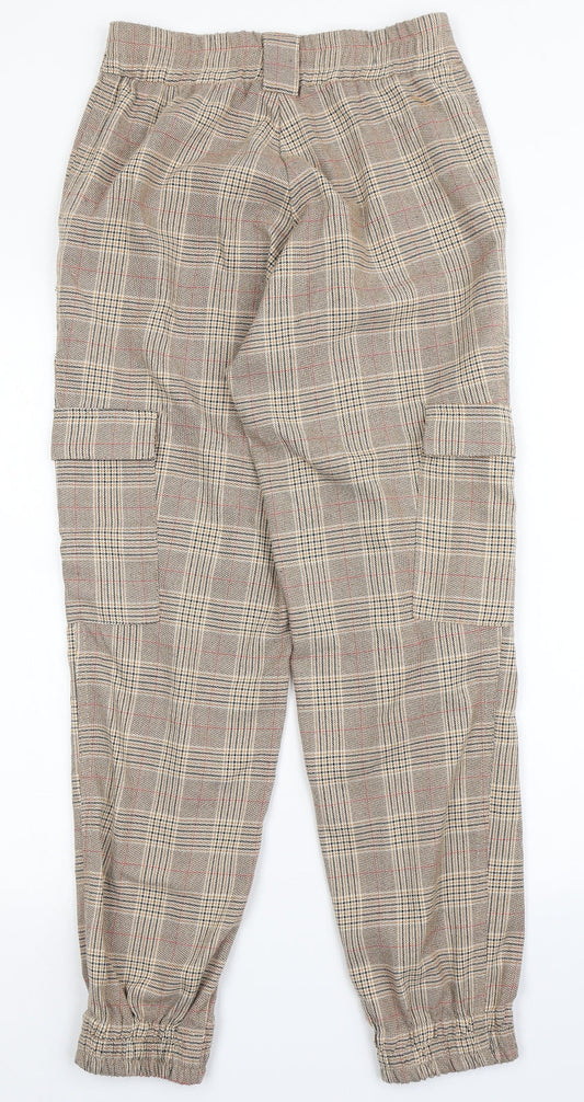 Stradivarius Womens Brown Check Polyester Trousers  Size S L27 in Regular Button