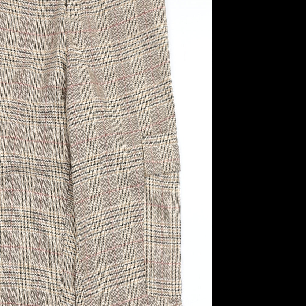 Stradivarius Womens Brown Check Polyester Trousers  Size S L27 in Regular Button