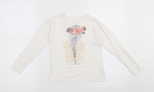 Dunnes Stores Girls White Polka Dot 100% Cotton Basic T-Shirt Size 7 Years Round Neck Pullover