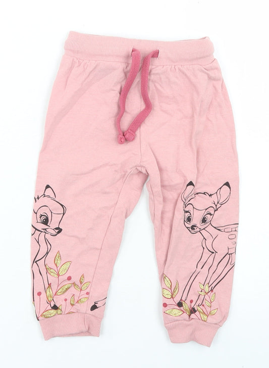 Disney Baby Girls Pink  Cotton Jogger Trousers Size 18 Months  Drawstring - Bambi