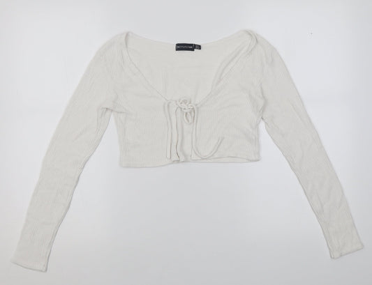 PRETTYLITTLETHING Womens White V-Neck  Viscose Cardigan Jumper Size 6   - ribbed fabric