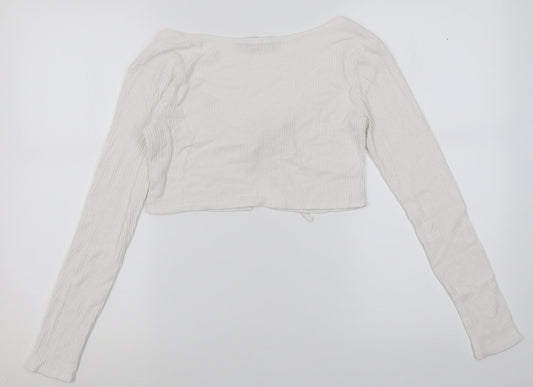 PRETTYLITTLETHING Womens White V-Neck  Viscose Cardigan Jumper Size 6   - ribbed fabric