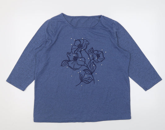 Bonmarché Womens Blue Crew Neck Floral Polyester Pullover Jumper Size 14