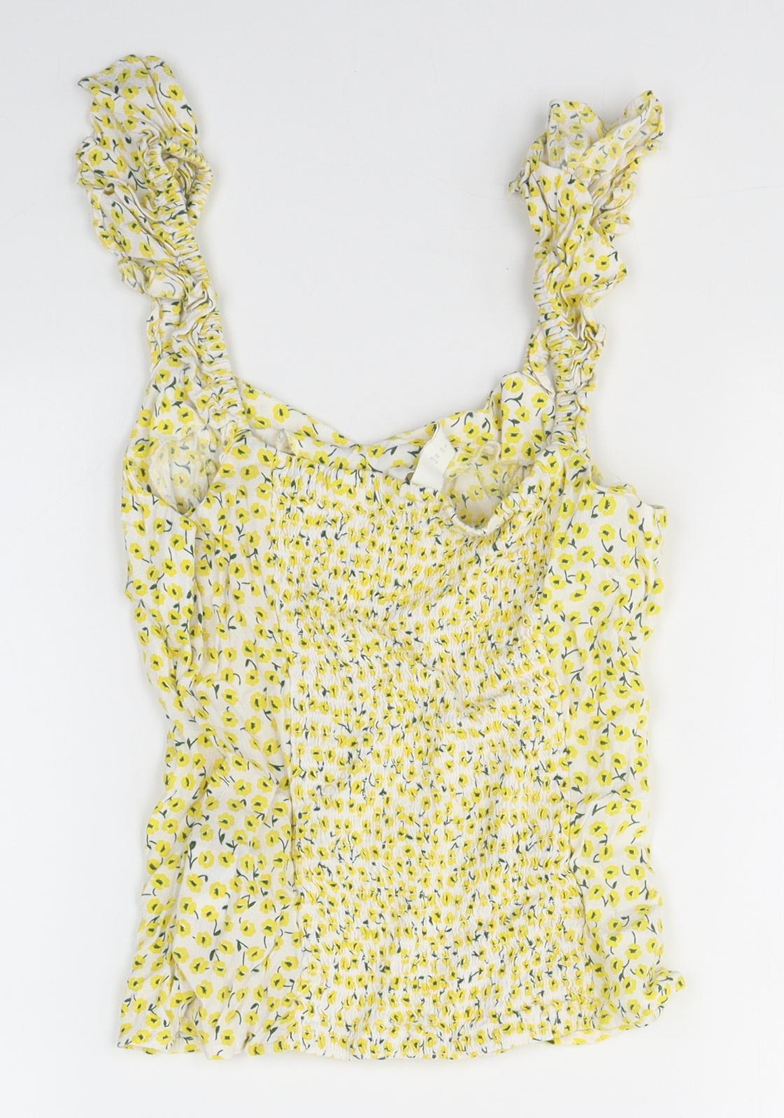 H&M Womens Yellow Floral Viscose Camisole Tank Size 8 Square Neck