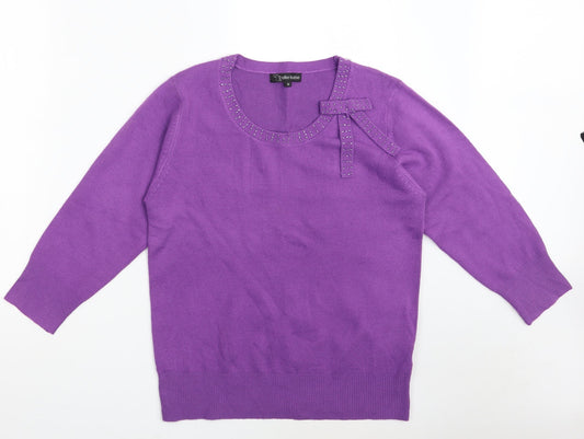 Ellie Louise  Womens Purple Round Neck  Acrylic Pullover Jumper Size M   - Bow Tie