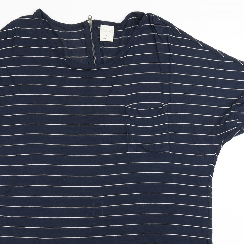ITEMS` Womens Blue Striped Viscose Basic T-Shirt Size S Roll Neck