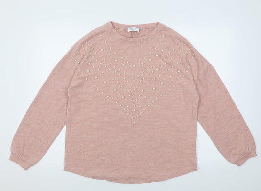 Papaya Womens Pink Crew Neck Fair Isle Polyester Pullover Jumper Size 14