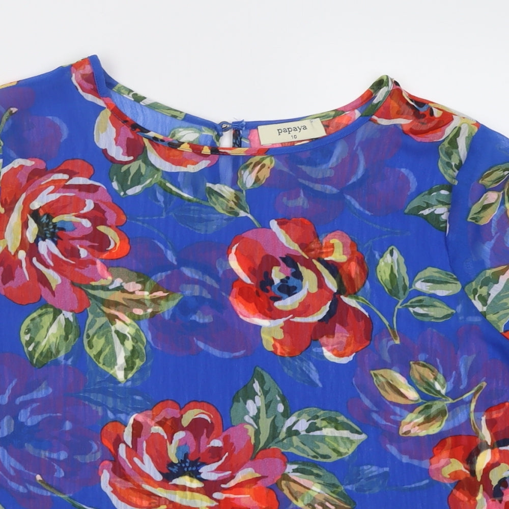 Papaya Womens Blue Floral Polyester Basic Blouse Size 10 Crew Neck