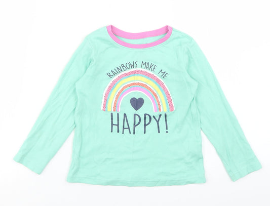 Dunnes Stores Girls Green  Cotton Basic T-Shirt Size 2-3 Years Crew Neck  - Rainbow