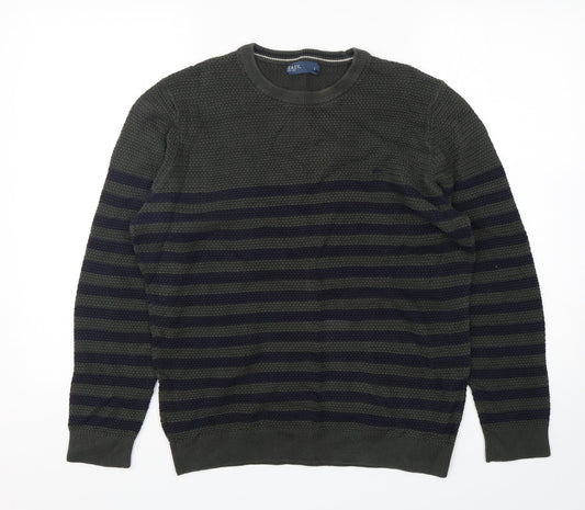Easy Womens Green Round Neck Striped Cotton Pullover Jumper Size L