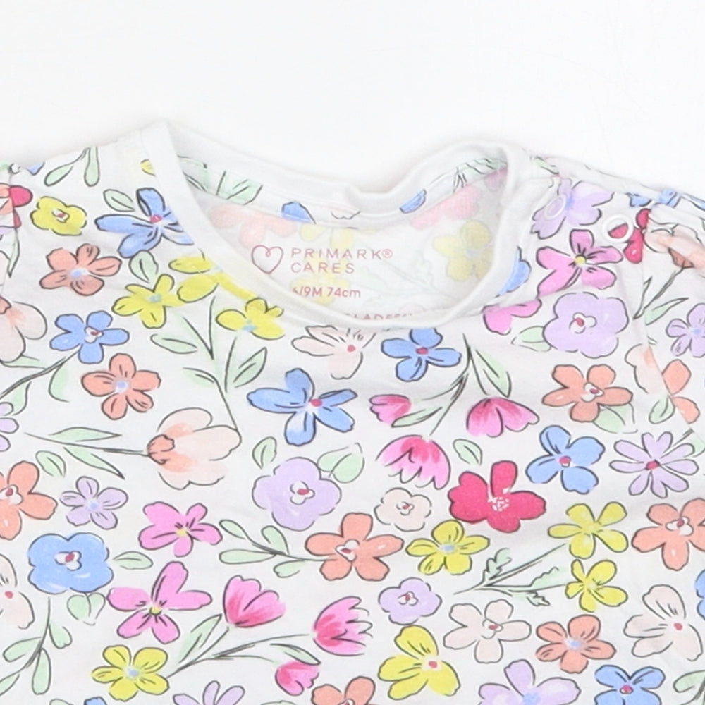 Primark Girls White Floral Cotton Basic T-Shirt Size 6-9 Months Crew Neck Pullover - Multicoloured Flowers