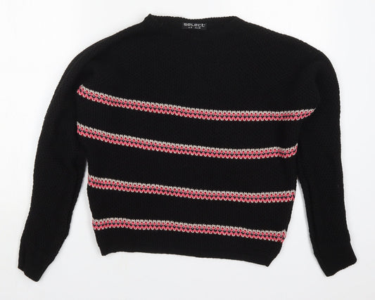 Select Womens Black Round Neck Striped Acrylic Pullover Jumper Size 8