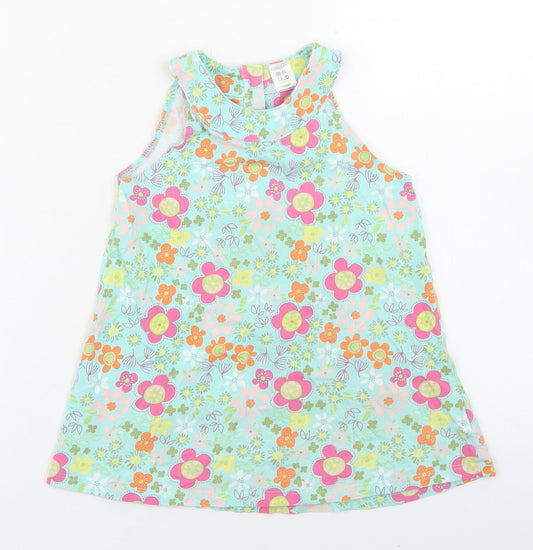 Mini Club Girls Blue Floral Cotton Basic Tank Size 3-4 Years Round Neck Button