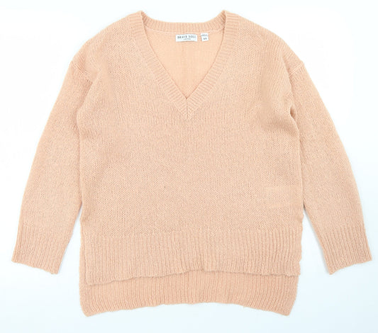 Brave Soul Womens Pink V-Neck  Acrylic Pullover Jumper Size XS