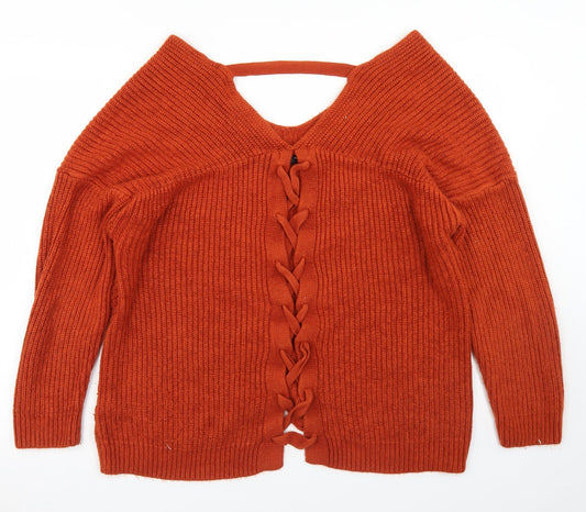 New Look Womens Brown V-Neck  Acetate Pullover Jumper Size M   - Lace up corset style back