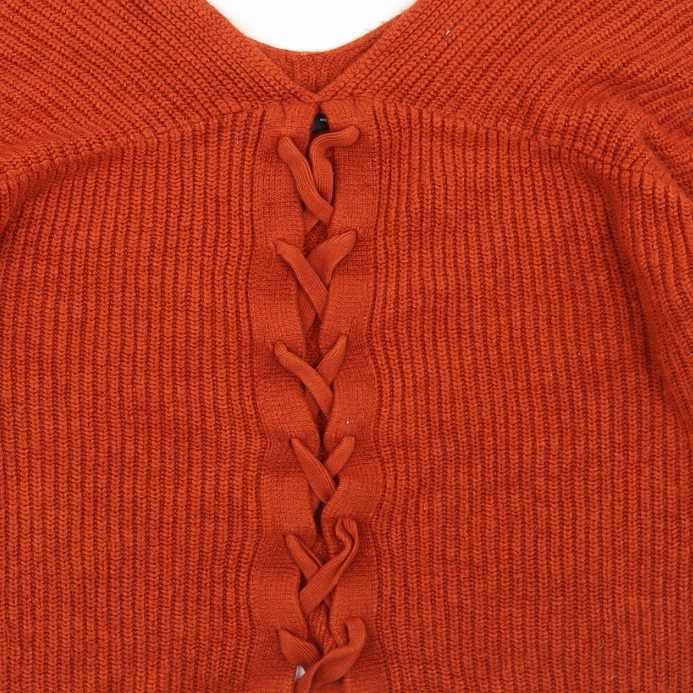 New Look Womens Brown V-Neck  Acetate Pullover Jumper Size M   - Lace up corset style back