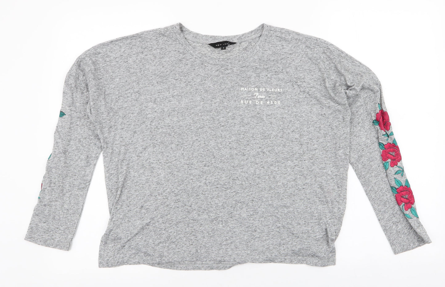 New Look Womens Grey Floral Polyester Jersey T-Shirt Size 8 Round Neck - Roses