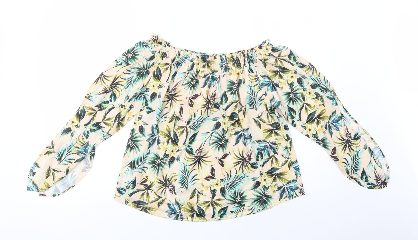 Bershka Womens Beige Floral Polyester Basic Blouse Size M Off the Shoulder