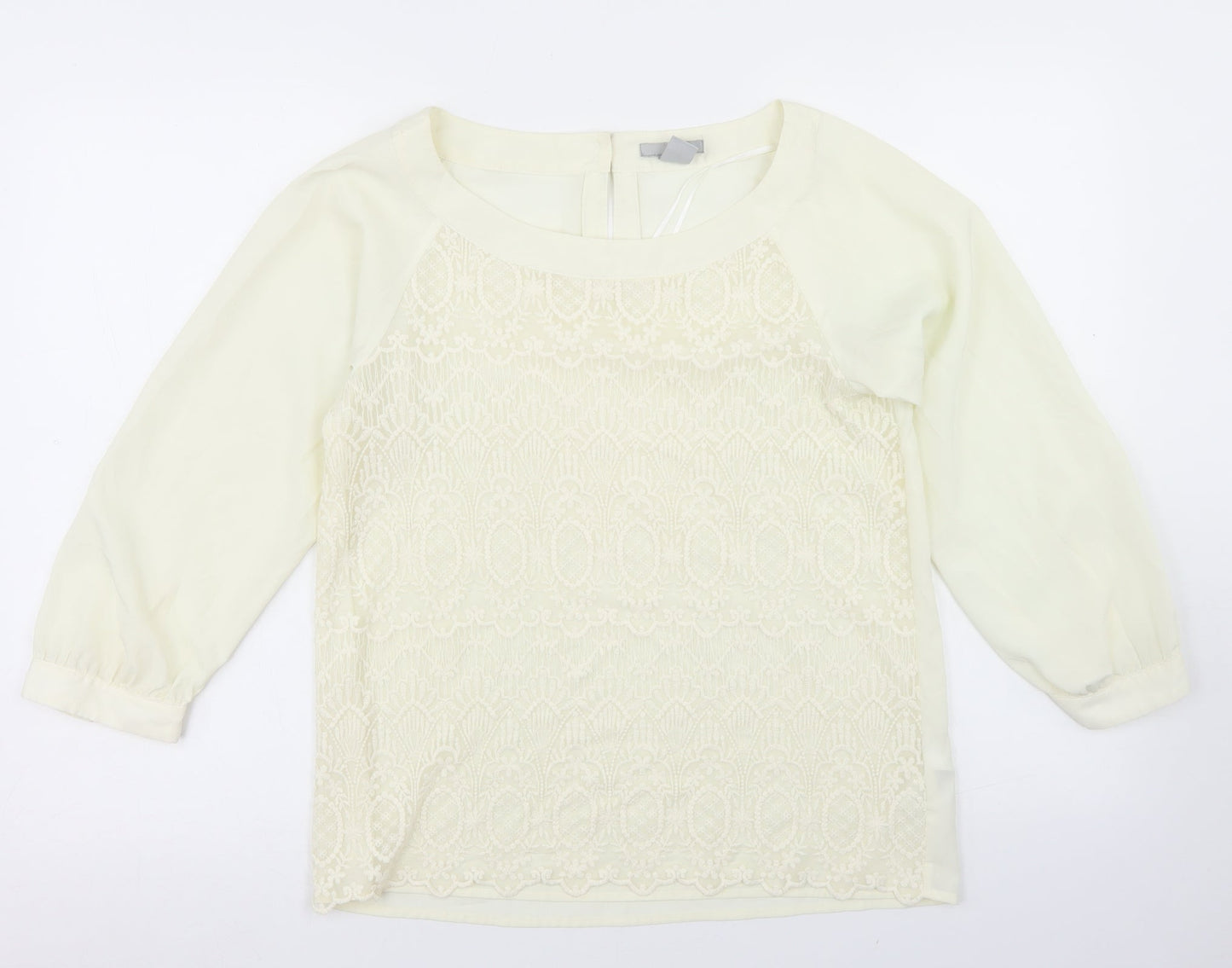 H&M Womens Ivory  Polyester Basic Blouse Size 10 Round Neck - Lace front detail