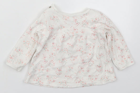 mamas & papas Girls White Floral Cotton Basic T-Shirt Size 6-9 Months Round Neck Button