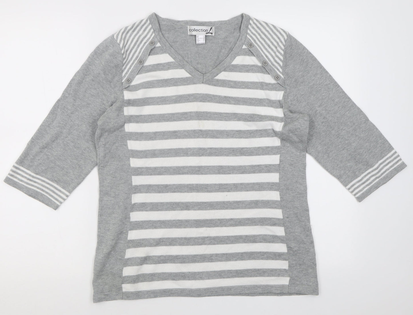 collection l Womens Grey V-Neck Striped Cotton Pullover Jumper Size 14