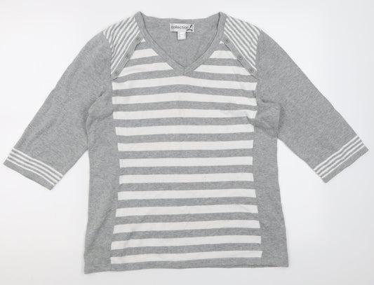 collection l Womens Grey V-Neck Striped Cotton Pullover Jumper Size 14