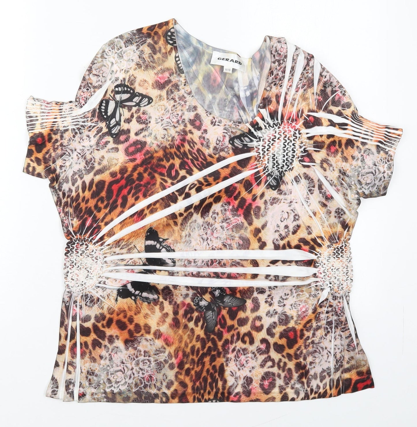 Gerard Womens Brown Animal Print Polyester Basic T-Shirt Size 14 Round Neck