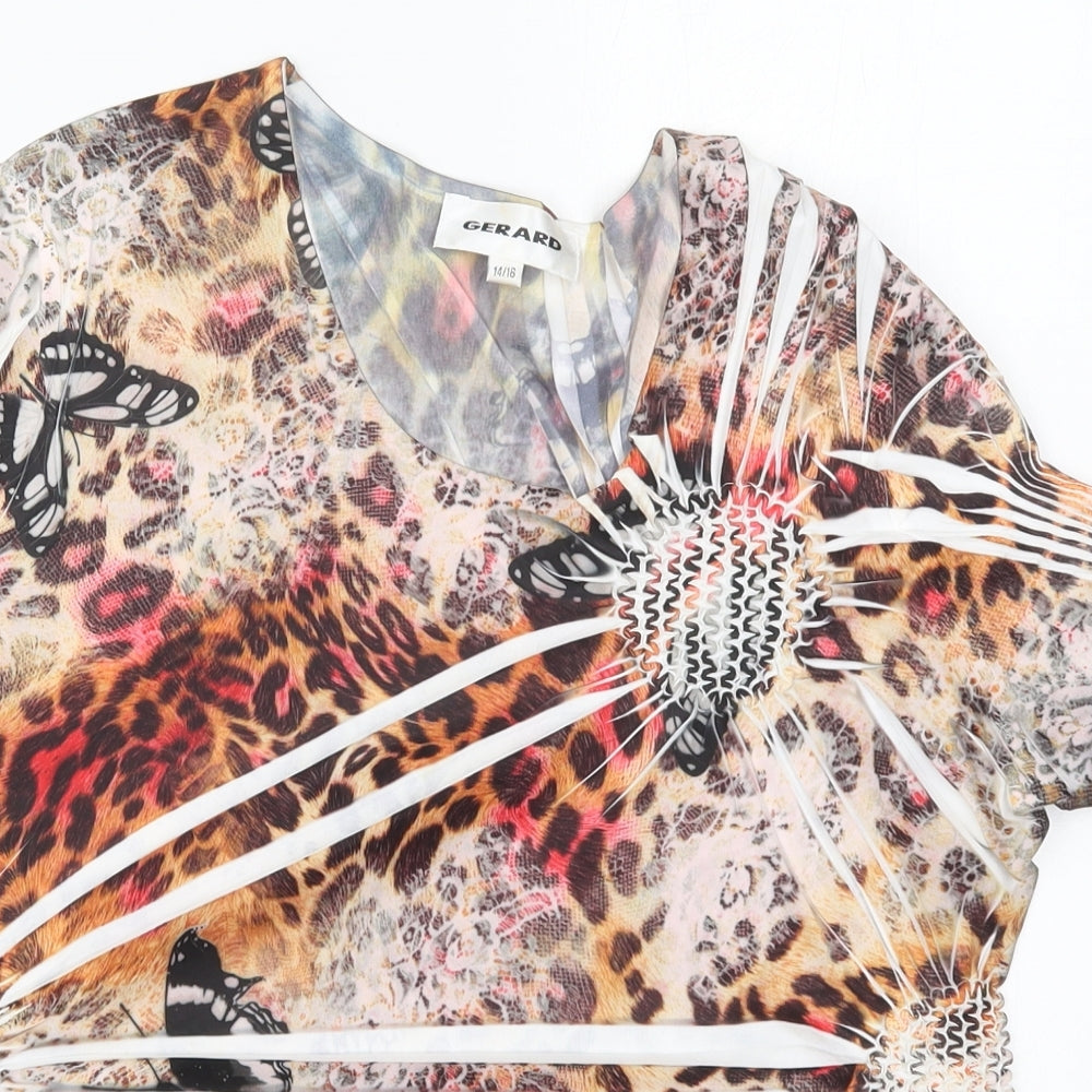 Gerard Womens Brown Animal Print Polyester Basic T-Shirt Size 14 Round Neck