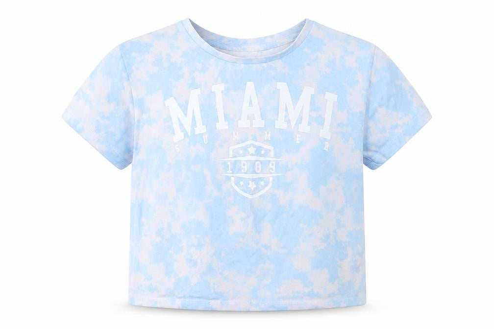 Dunnes Girls Blue  Polyester Cropped T-Shirt Size 6-7 Years Crew Neck  - Tie Dye