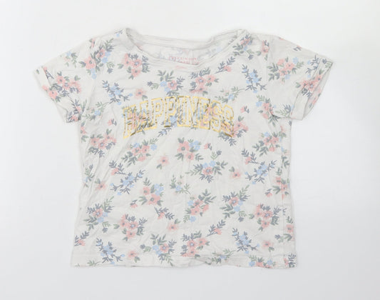 Primark Girls White Floral Cotton Basic T-Shirt Size 7-8 Years Crew Neck  - Happiness