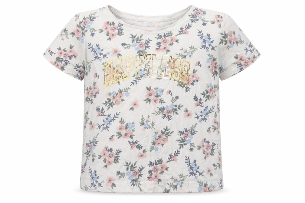 Primark Girls White Floral Cotton Basic T-Shirt Size 7-8 Years Crew Neck  - Happiness